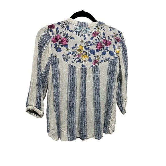 Figueroa And Flower Peasant Top Womens Petite Medium Floral Striped‎ Short Boho - Picture 8 of 10